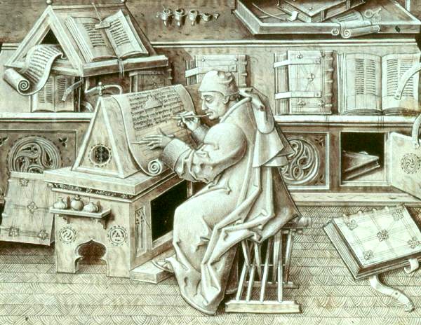 A medieval grisaille illumination showing the scribe Jean Miélot seated at a wooden desk in a vaulted room, writing in a large book; rolled manuscripts and quills are nearby.