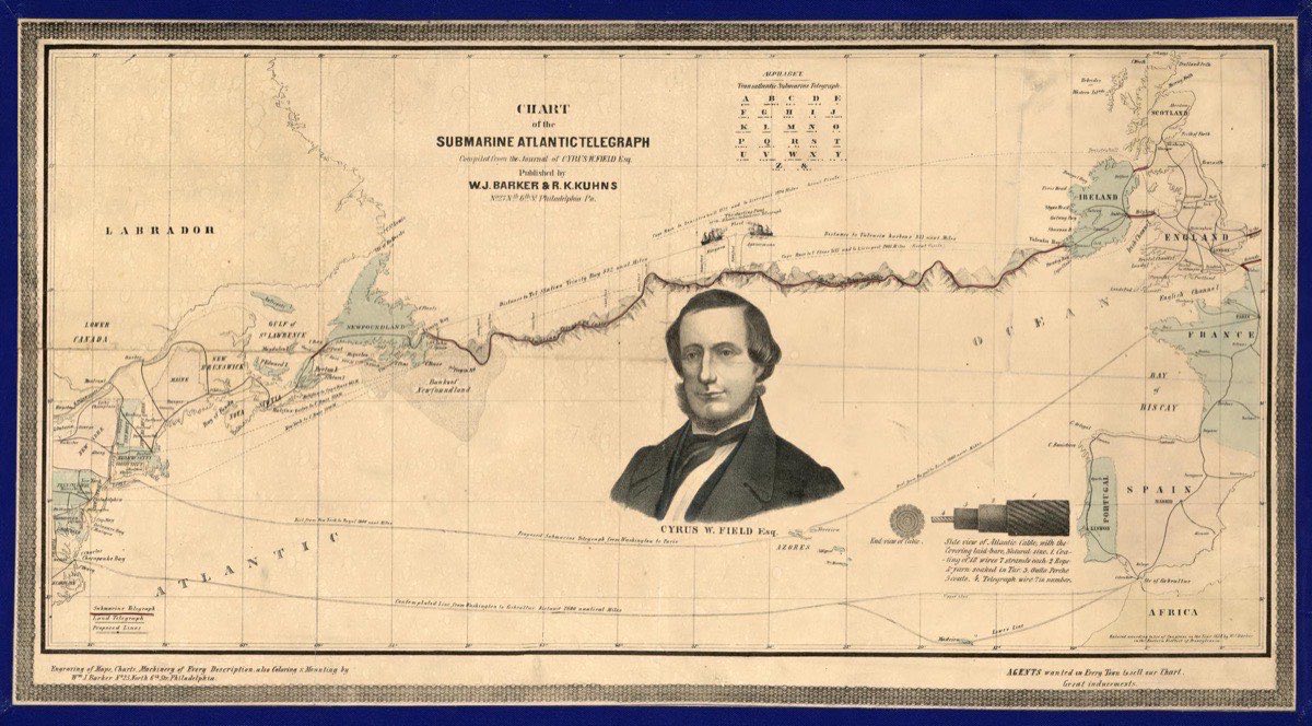 An 1858 engraved chart showing the route of the transatlantic telegraph cable between Ireland and Newfoundland, surrounded by smaller illustrations of cables, ships, and a portrait of Cyrus Field.