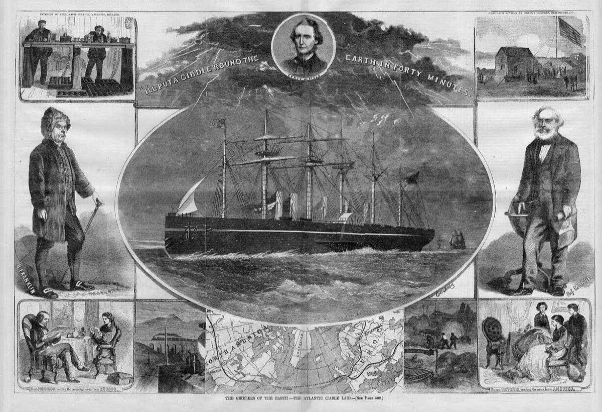 An 1866 Harper's Weekly engraving titled 'The Girdlers of the Earth — The Atlantic Cable Laid,' showing an allegorical scene with personified Britannia and Columbia shaking hands across the ocean over a coiled cable.