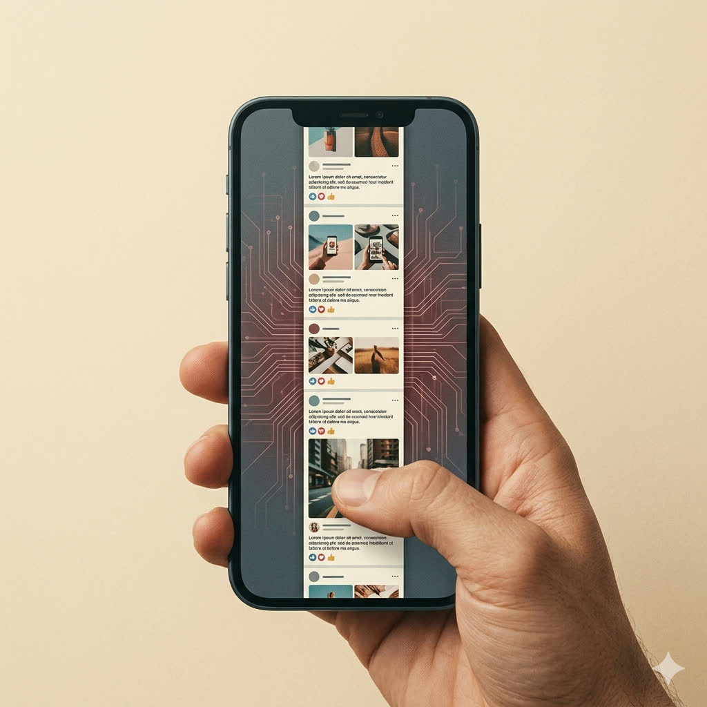A photorealistic editorial illustration: a hand holds a smartphone vertically, its screen showing a stream of social-media posts with small images and text. Behind the phone, faint circuit-like lines suggest the invisible system selecting what each user sees.